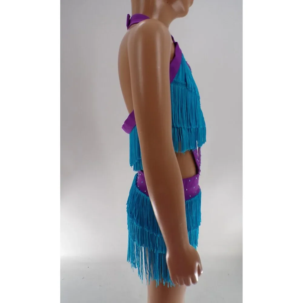 Pre-Owned Dance Costume Weissman  Intermediate Child Turquoise Fringe Jazz Tap